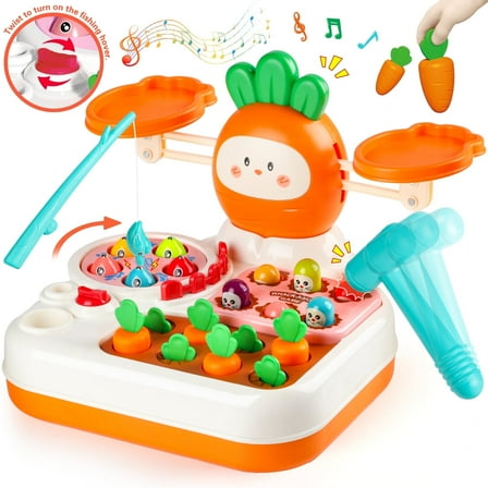UUSUOO Montessori Toys for 1 Year Old,Balance Scale for Kids with Whack A Mole Game,Carrot Harvest Game,Fishing,Preschool Learning Toys,Baby Toys Gift for 1 2 3 Years Old Boys & Girls