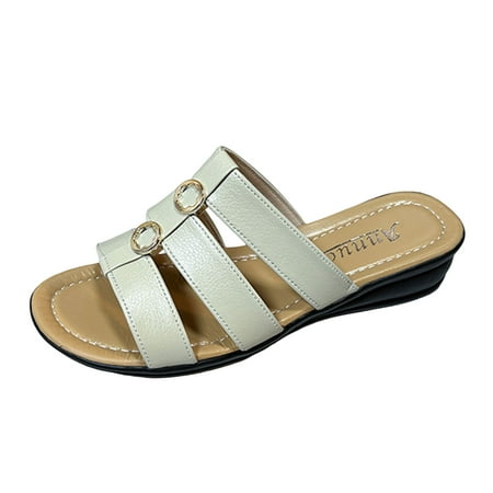 OJSFQUFP Women Shoes Casual Women Summer Solid Color Slip On Casual Open Toe Wedges Soft Bottom Breathable Slippers Shoes Sandals Womans Slippers Beige 40