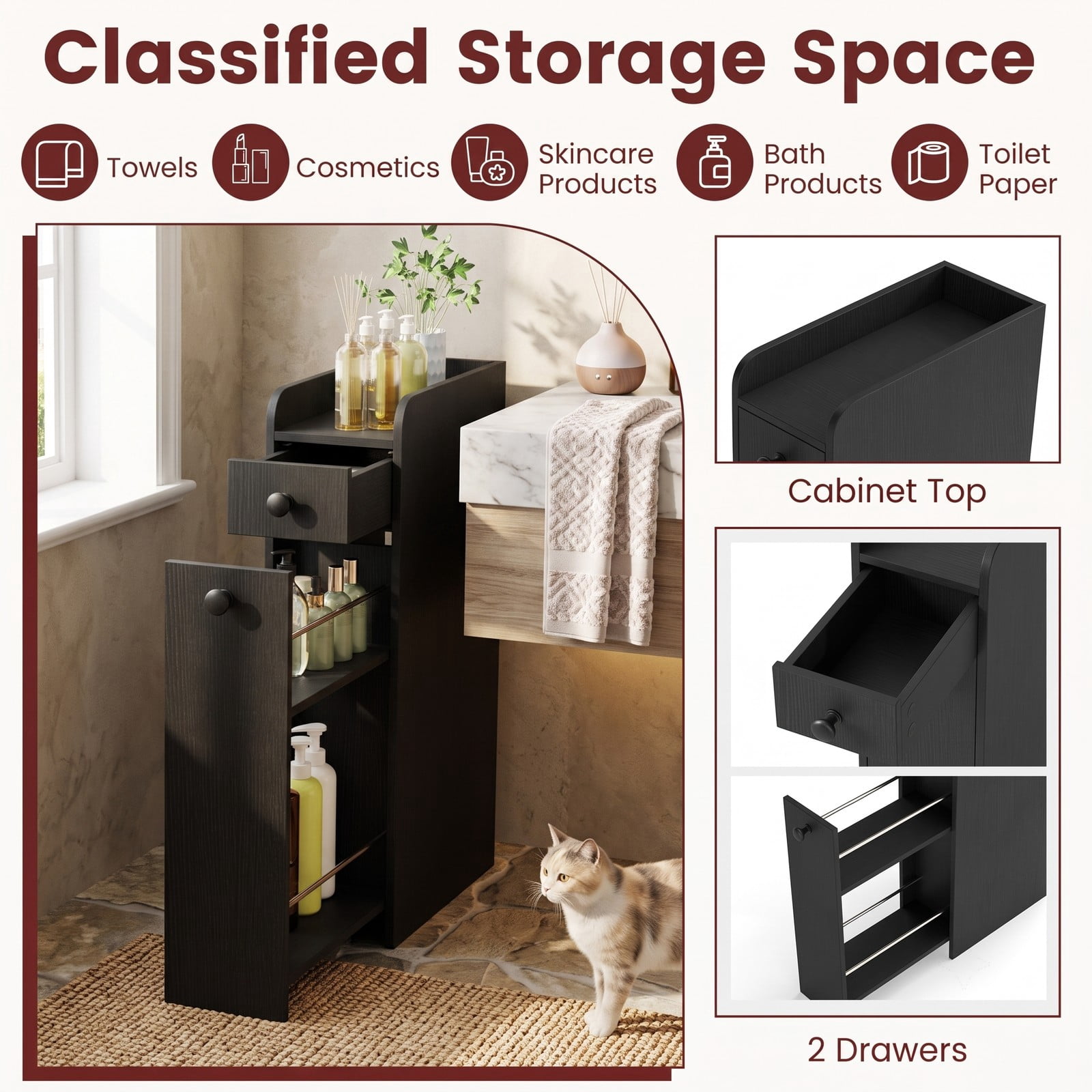 Fenbeli Small Bathroom Storage Cabinet, 4-Tier Slim Narrow Organizer Tower with 3 Slide-Out Drawers on Casters, Freestanding Rolling Storage for Bathroom, Black
