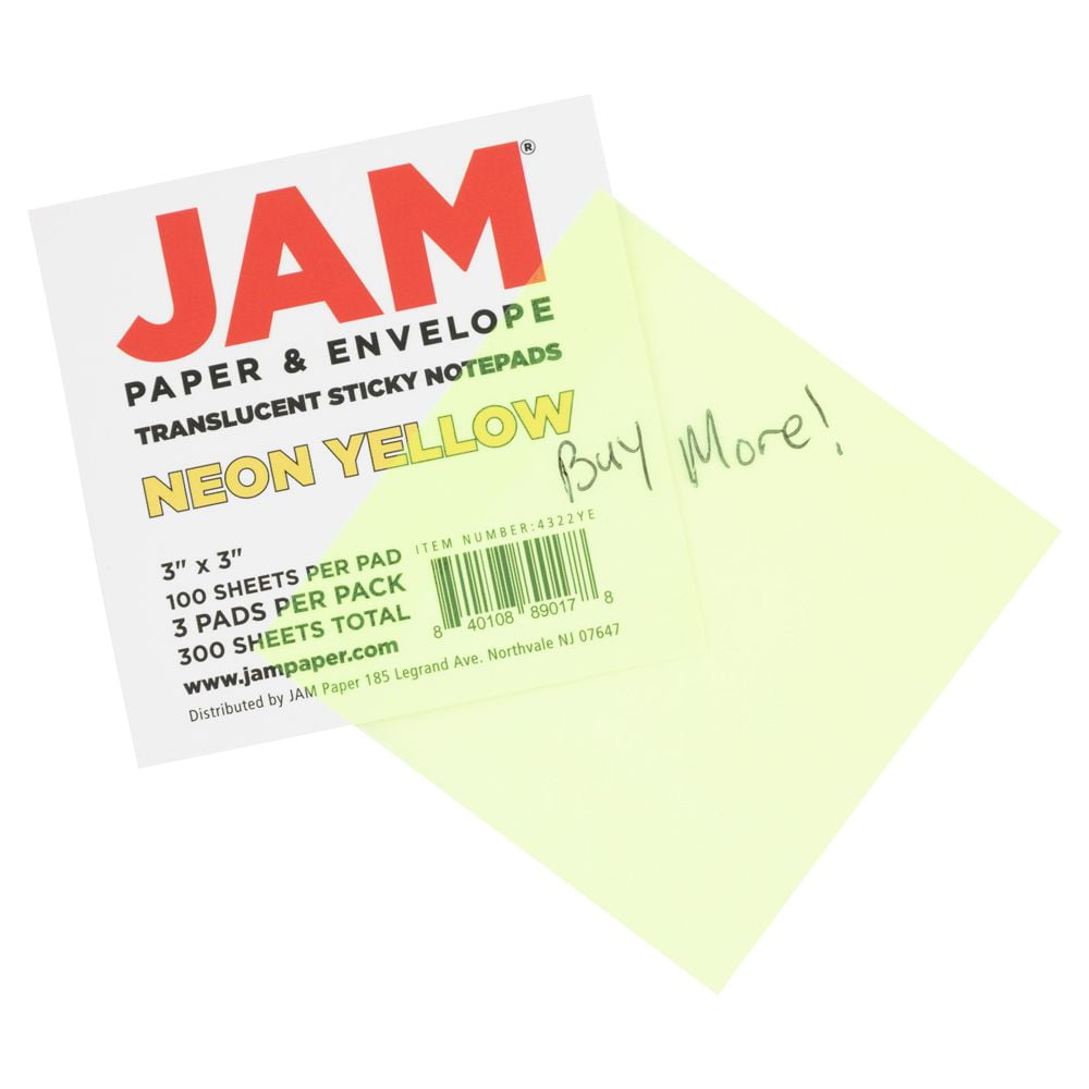 JAM Paper Transparent Sticky Note Pad, Yellow, 3 x 3, 300 Sheets/Pack