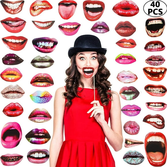 GFDYREE Party Photo Booth Props, Funny Mouth Lips Photo Booth Prop, Funny Mouth DIY Set with Wood Stick Selfie Props Accessories for Birthday/Wedding/Graduation/Halloween Party (Mouth Lip, 4