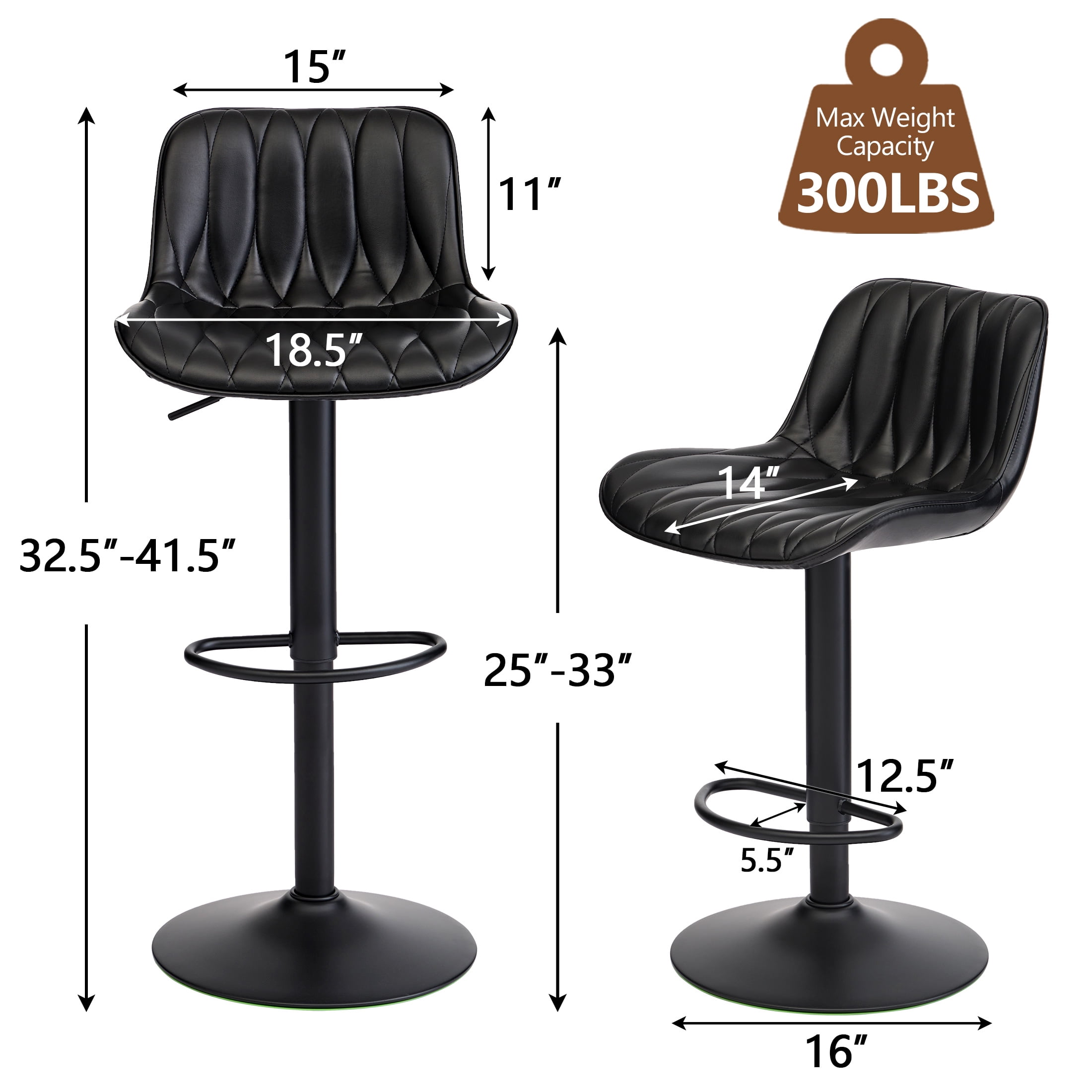 FIRAVOE Swivel Bar Stools Set of 3 (Adjustable Height 25"-33") Counter Height Bar Stools with Back, Modern Faux Leather Black Barstools for Kitchen Island