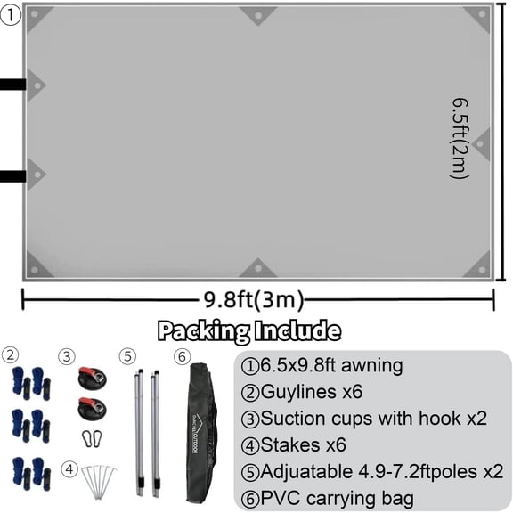 Portable Suction Cup Car Awning 6.5x9.8ft Gray Waterproof Overland Camping Shelter for SUV Truck