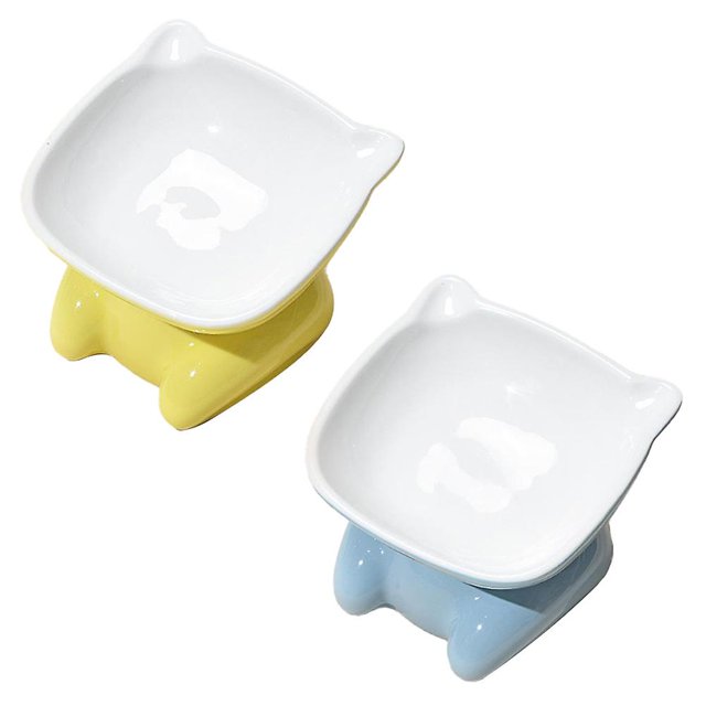 blue Cuenco de cerámica para gatos, cuenco inclinado para comida y agua, comedero para gatos antivómitos, 2 uds.
