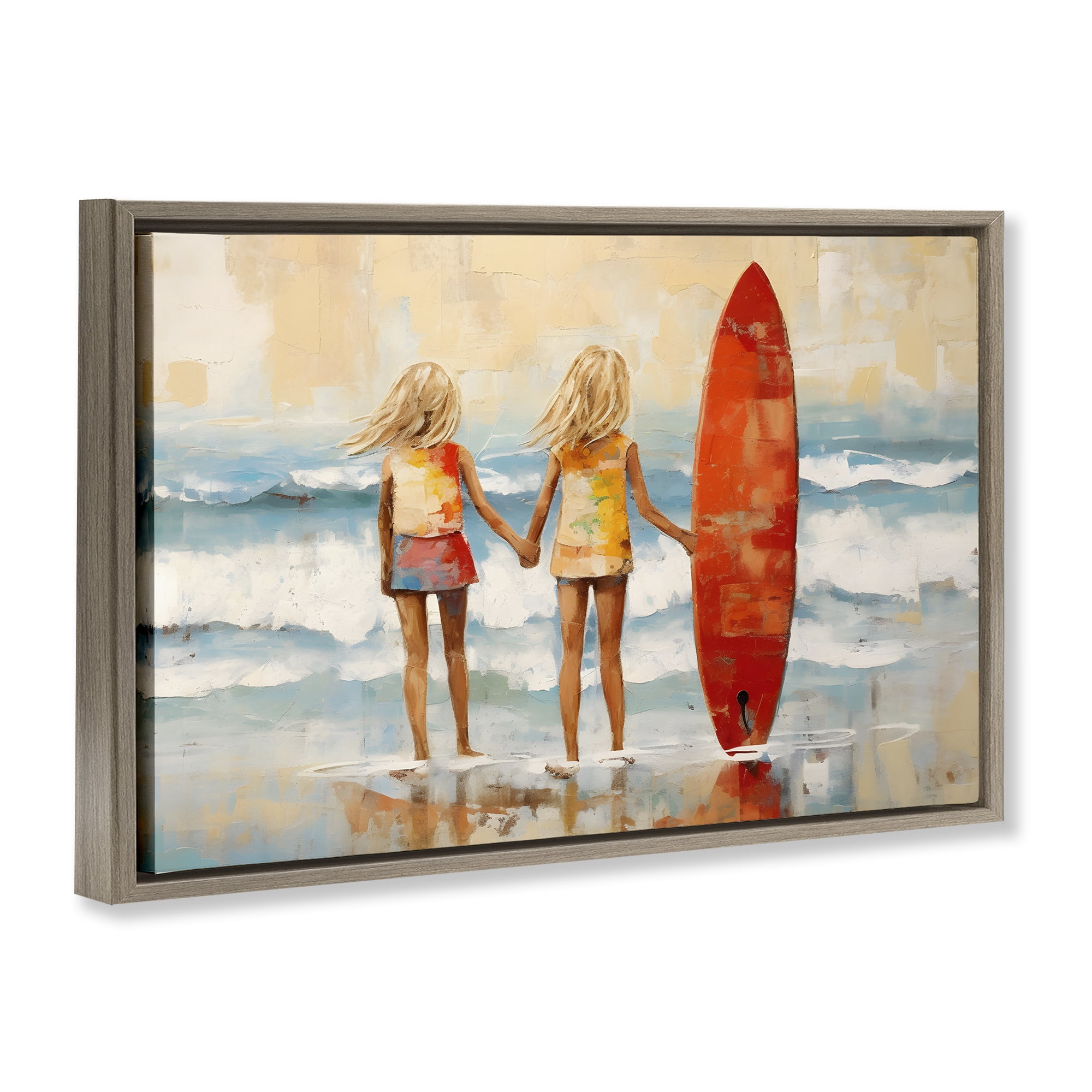 Stupell Industries Kids & Beach Surfboard People Painting Brown Floater Framed Canvas Art Print Wall Art, 25 x 17