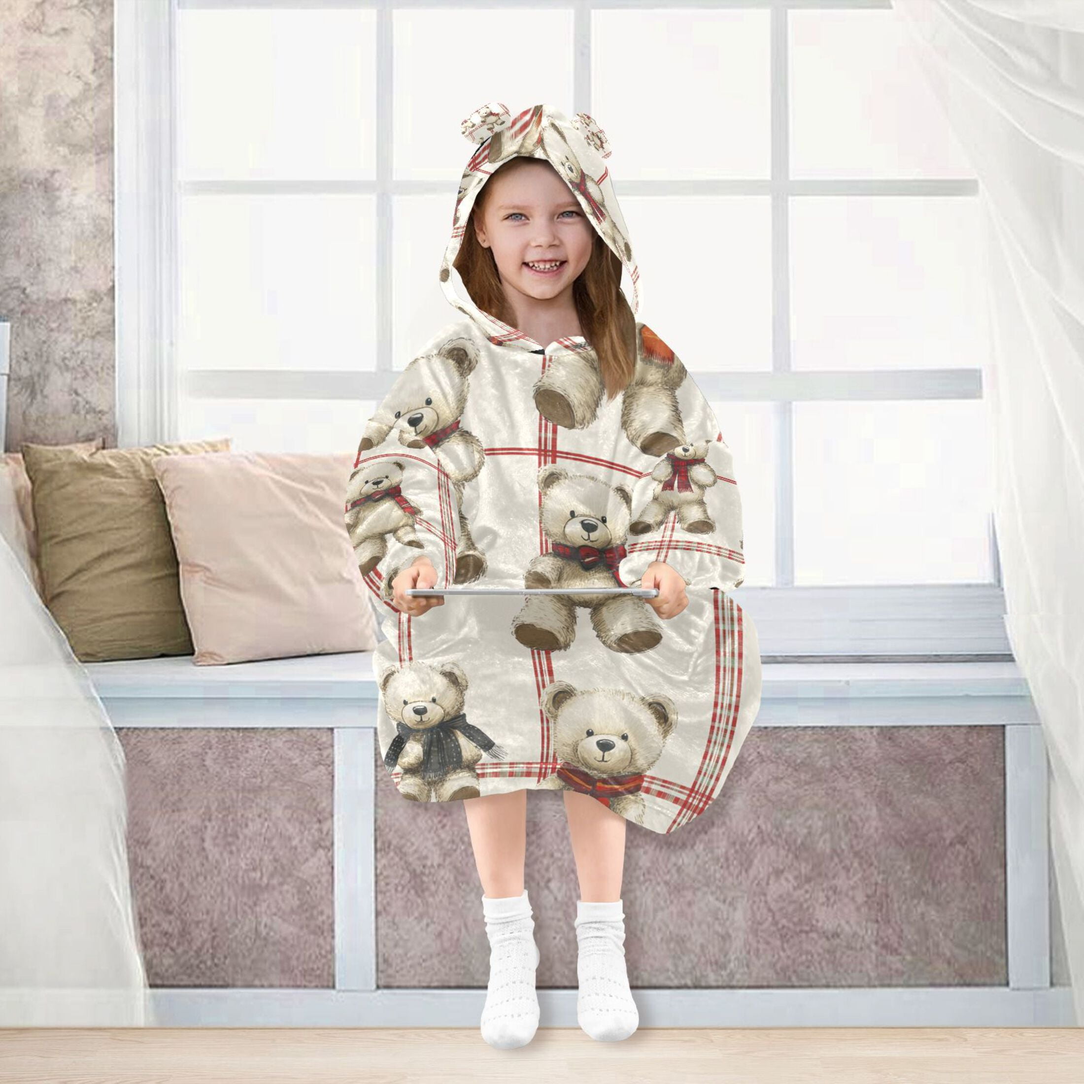YAZAOO Kids Wearable Blanket Hoodie Warm and Cozy Bear Hugs and Checkered Love Flannel Sweatshirt
