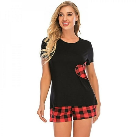 

Sales Promotion!Pajamas Women Cotton Tops Pants Casual Nightwear Sleepwear Sets Plaid Short Sleeves Top Black(Grid) S