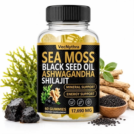 VecNythra Sea Moss Black Seed Vitamins Gummies – Ashwagandha Turmeric Shilajit Elderberry –All in 1 Bundle -60 Gummies