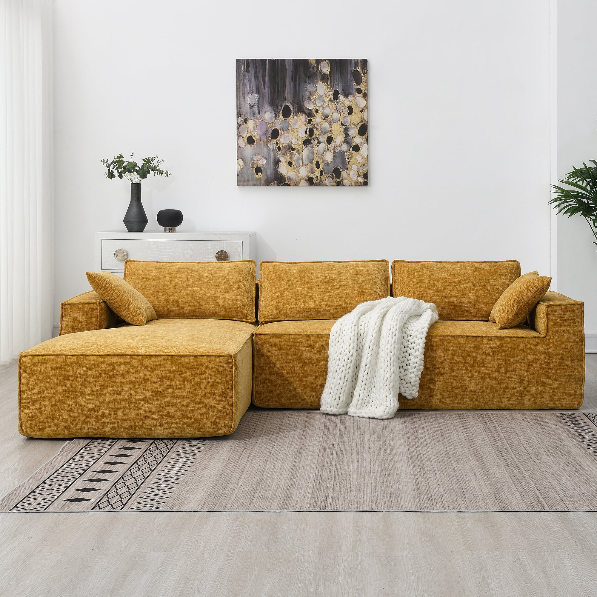 EUROCO 111.5" Minimalist Style L-Shaped Modular Sectional Sofa Couch, Wrinkle-resistant Chenille Sleeper Sofa Bed with All-Sponge Construction, 2 PIC Free Combination No Assembly Require, Yellow