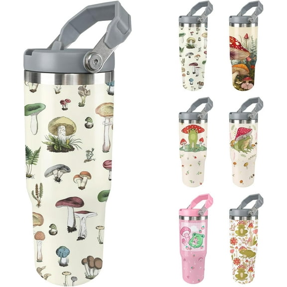 Mushroom Tumbler 30oz Flip Straw Mushroom Water Bottle Vacuum Insulated Cute Mushroom Travel Cup with Handle