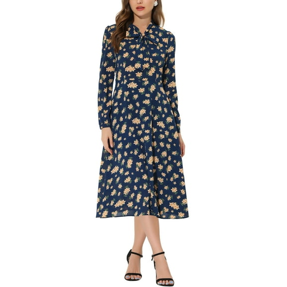 Allegra K Women's Floral Bow Tie V Neck Long Sleeve Belted Chiffon Midi Dress