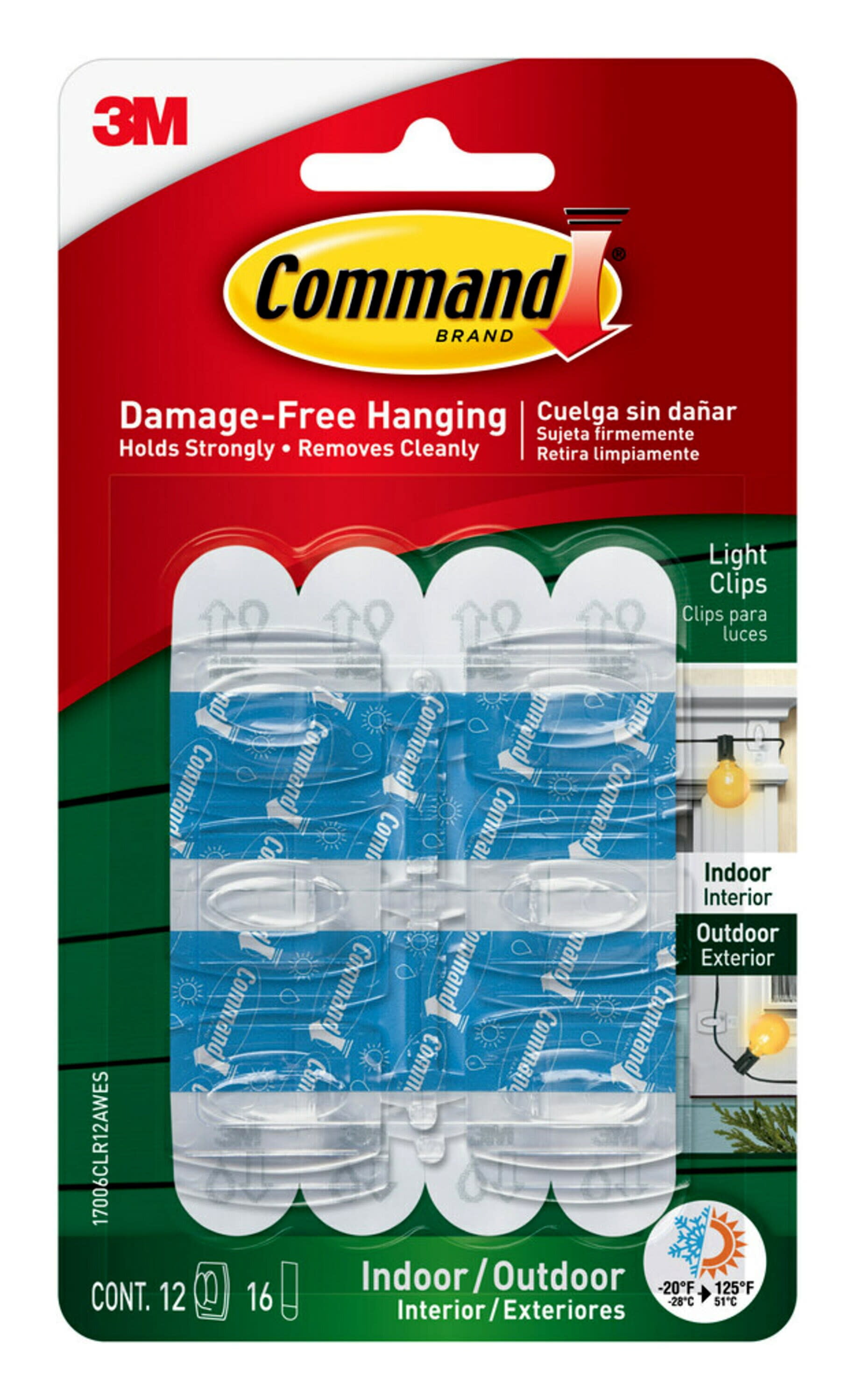 Clear Damage Free Hanging 3M Command Outdoor Decorating Light Clips/Strips 16 