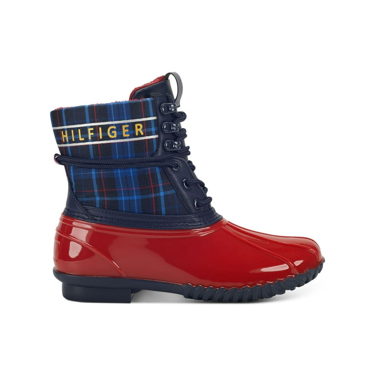 Tag Boots M Hessa TOMMY Waterproof Lace-Up Front Navy Round Eyelet Pull Comfort Padded Heel Plaid HILFIGER Block And Duck Toe Logo 7 Back Womens