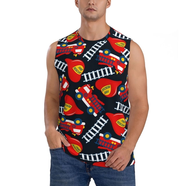 Fotbe Fire Rescue With Red Helmet And Truck Men's Camiseta sin Mangas Estampada para Hombres, Playera Casual para Gimnasio, Entrenamiento, Playa-Medium