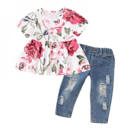 

Baby Girl Clothes 2PCS Ruffle Outfits Short Sleeve Floral Shirt Tops+ Denim Pants Ripped Jeans for Girls