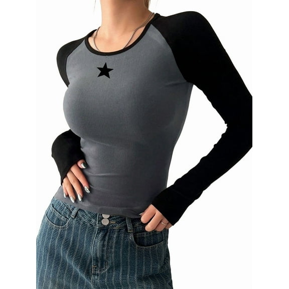 Women'S Long Sleeve Shirts Slim Fit Stretchy Color Block Slightly Cropped Tops Dark Gray Stars S