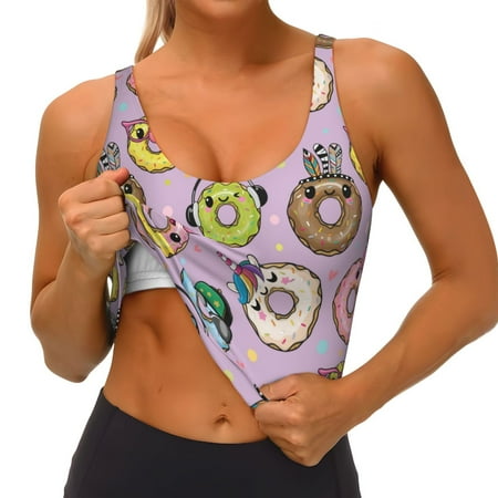 Qokaie Cute Donuts Pattern Womens Scoop Neck Sports Bra Breathable Workout Vest Padded U Back Medium Impact Fitness Gym Yoga Bra Workout Crop Top