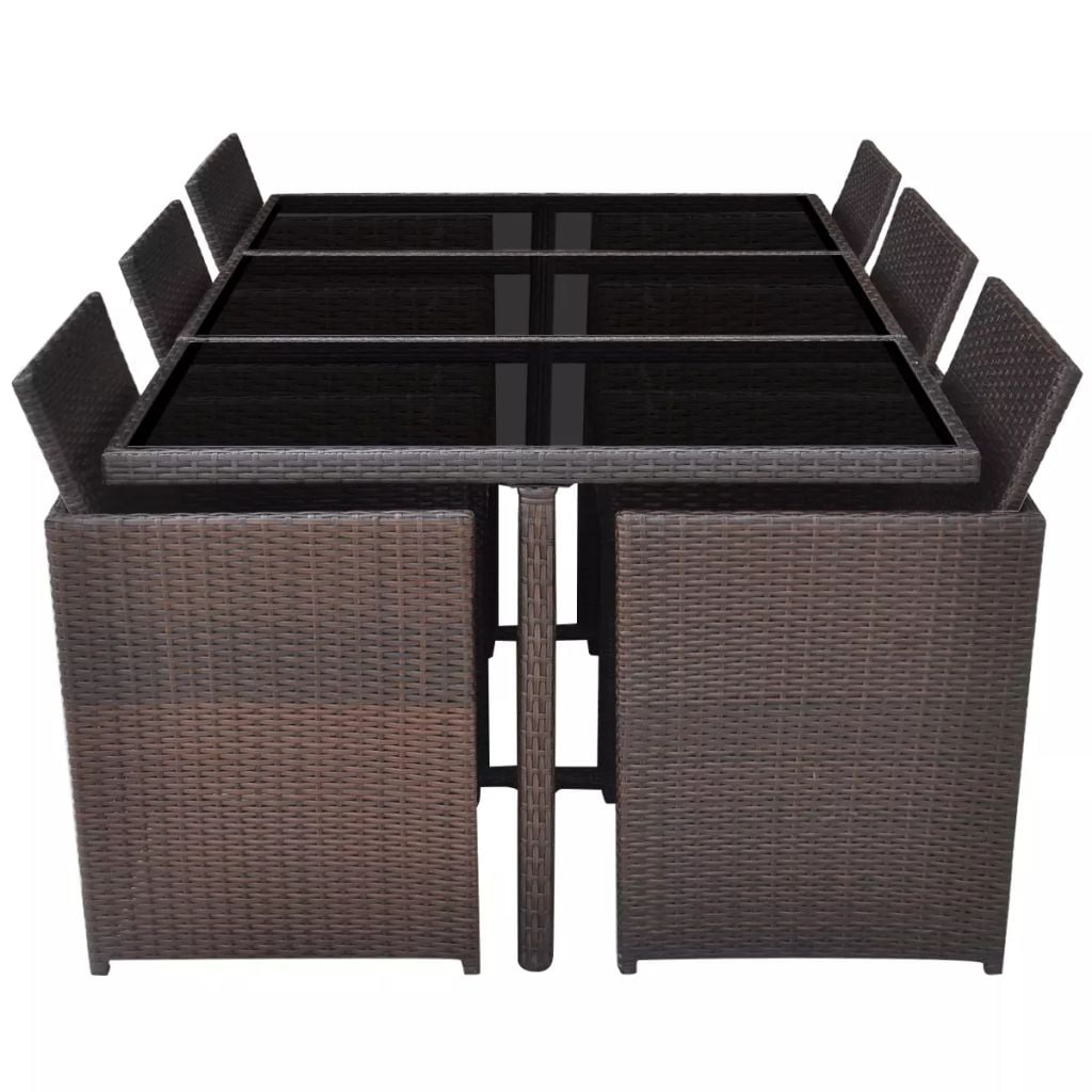 Kepooman 11 Pcs Patio Rattan Dining Table Sets with Glass Table for Outdoor Garden, Brown