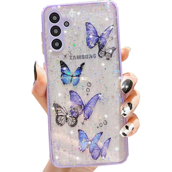 for Samsung Galaxy A15 5G Clear Glitter Butterfly Case, Cute Bling Sparkle Shiny Soft Silicone TPU Bumper Shockproof Women Girls Slim Protective Phone Cover for Samsung Galaxy A15 5G (Purple)