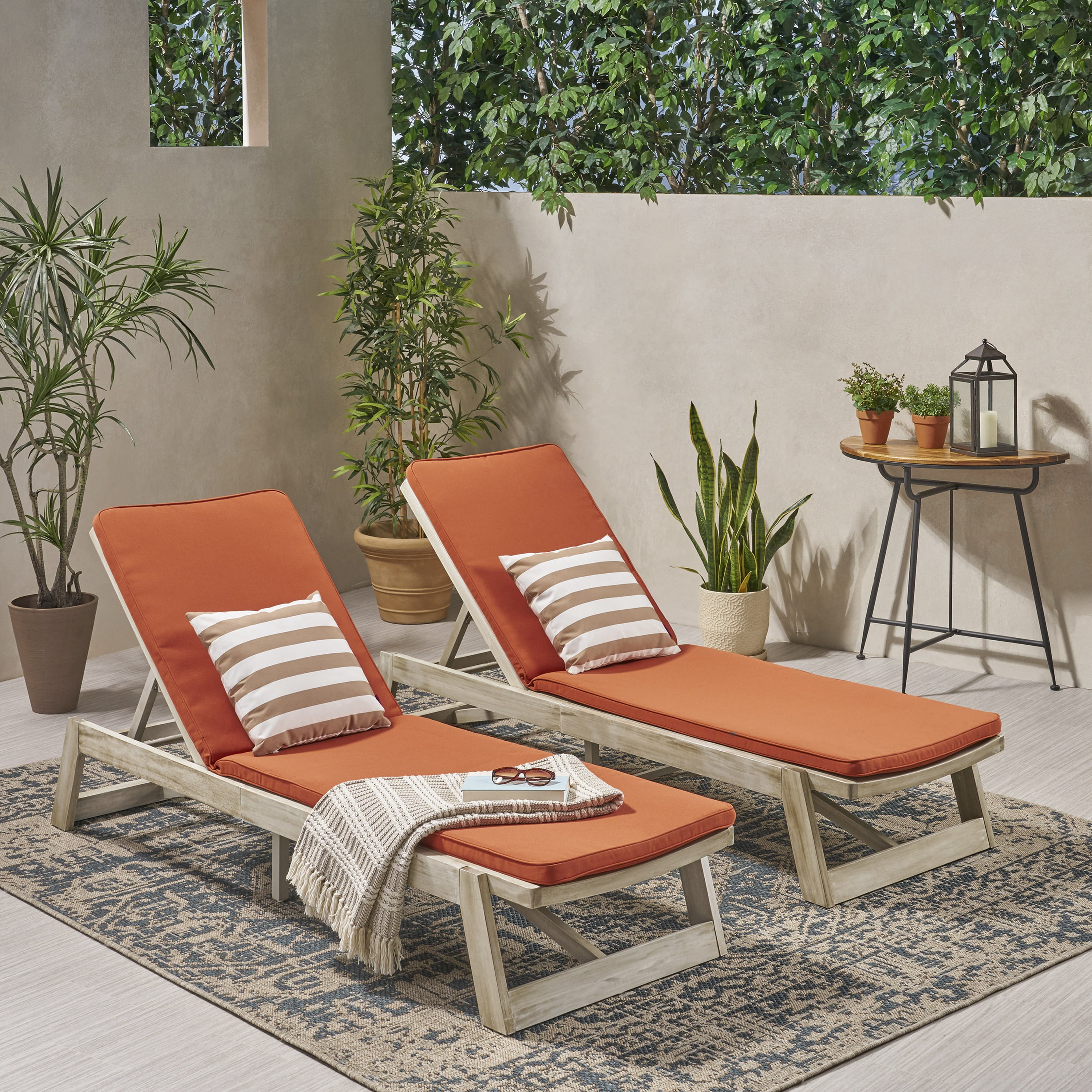 Noble House Acacia Wood Water Resistant Fabric and Cushion Sets Chaise Lounge - Set of 2