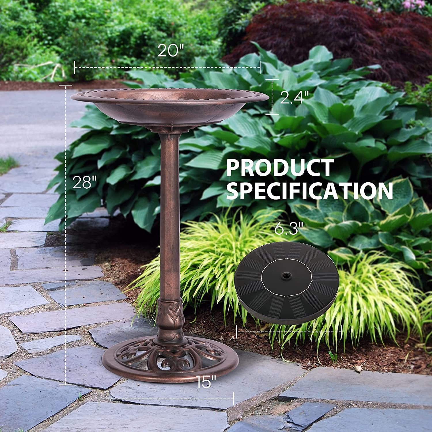 SPECSTAR Bird Bath, Polyresin Antique Outdoor Bronze Garden Birdbath and Solar Powered Round Pond Fountain Combo Set