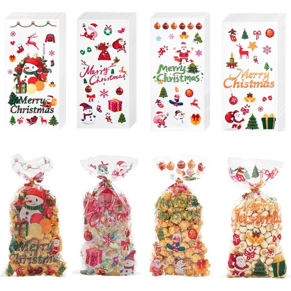 100 PCS Christmas Cellophane Treat Bags with Tie, Plastic Christmas Bags for Candy Goody Cookie Gift Wrap Xmas Pouches Winter Holiday Party Favors Supplies Decorations