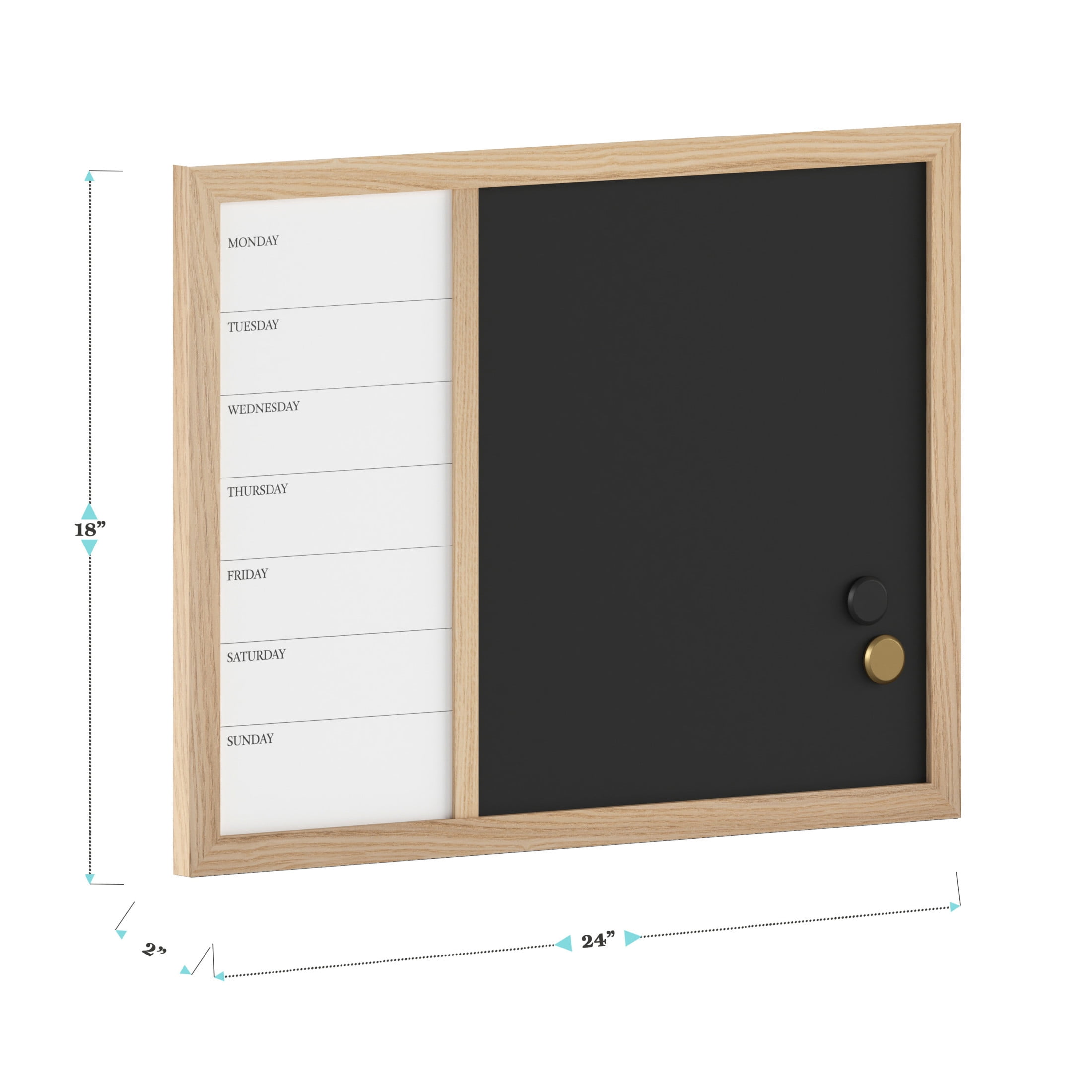 Martha Stewart Everette 24"x18" Magnetic Weekly Calendar Dry Erase Board and Chalk Board with Liquid Chalk Marker and Magnets, Light Natural Woodgrain Frame