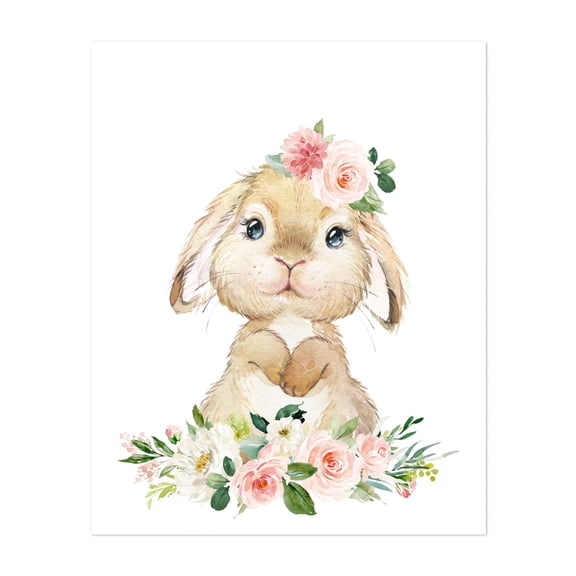Cute Bunny, Rabbit, Forest Animals, Woodland Animals, Boho, Pink Flowers, Girl Nursery - Illustration Watercolor Floral Animal Whimsical Unframed Wall Art Print 6 x 8 inches