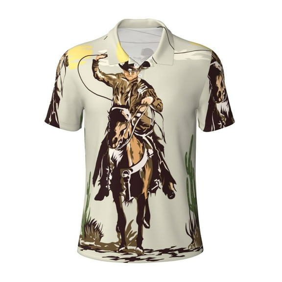 Kuqiui Mens Golf Polo Shirt Dry Fit Performance Sport Short Sleeve Golf Polo Shirts for Men-Vintage Cowboy Riding Horse