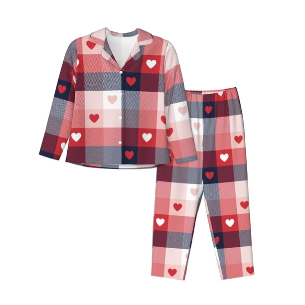 Balery Heart Plaid Conjunto de Pijama con Estampado para Mujer, Conjunto de Dos Piezas con Manga Larga, Ropa de Dormir Suave con Bolsillos, Pijamas Cómodos-Small