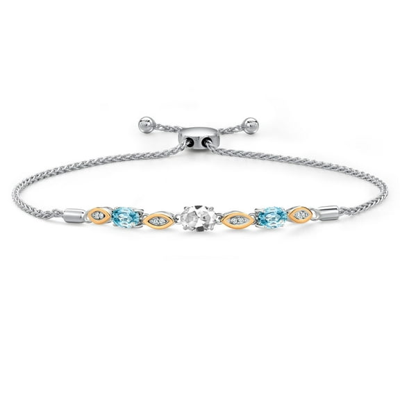 925 Silver and 10K Yellow Gold White Created Sapphire and Blue Zircon and Lab Grown Diamond Bracelet for Women | 2.36 Cttw | Gemstone September Birthstone | Oval 7X5MM | Fully Adjustable 9"