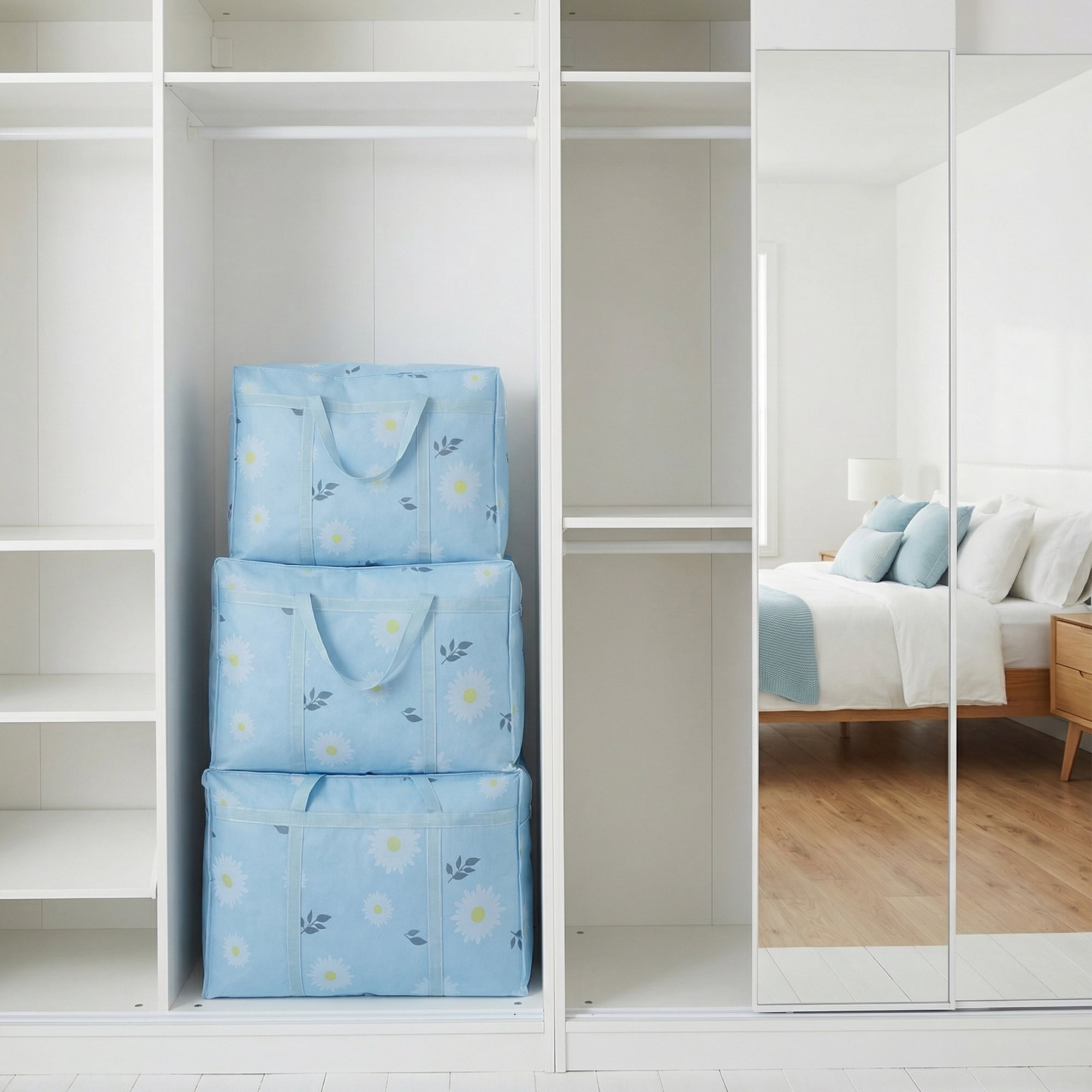 Unique Bargains Foldable Storage Bags for Organizing Livingroom Blue 30.3"x9.8"x21.7"