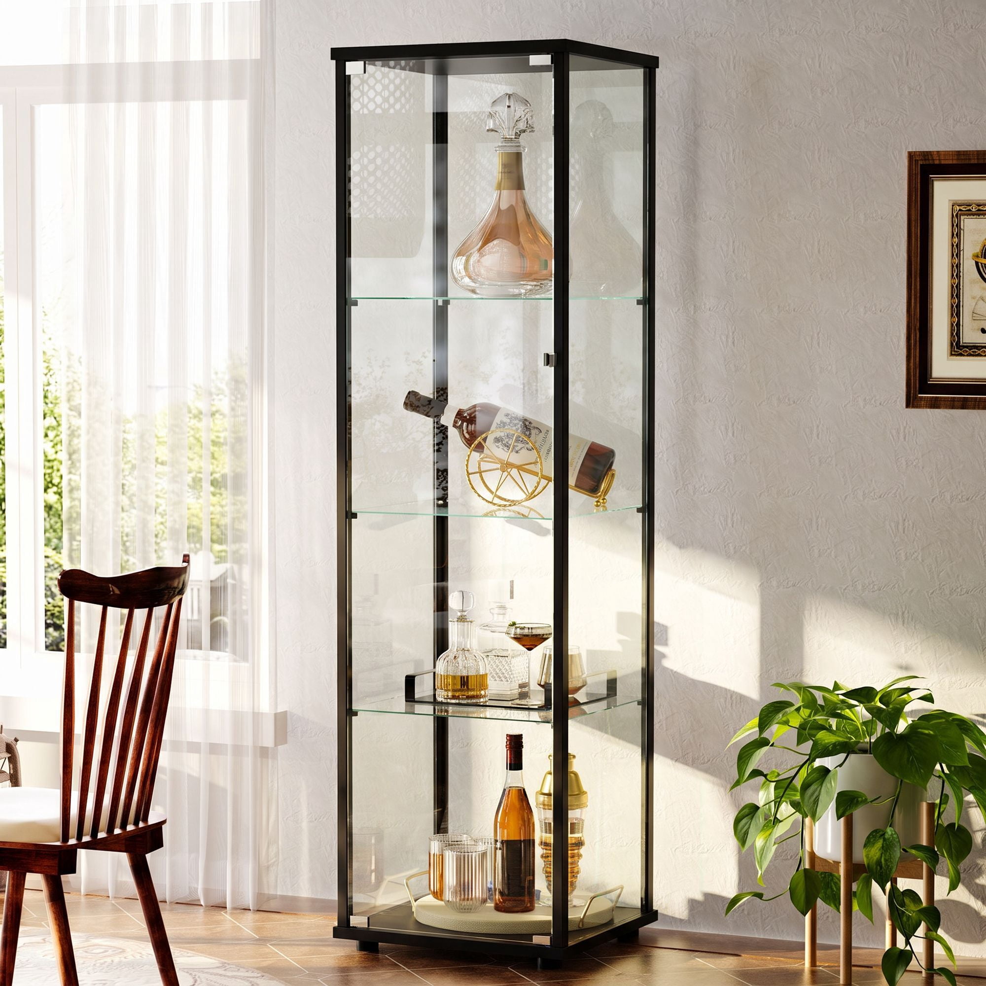 Clarvion 64" Display Cabinet with Glass Door, 4-Tier Tempered Glass Curio Cabinet, Single Door Display Case for Collectibles, Black