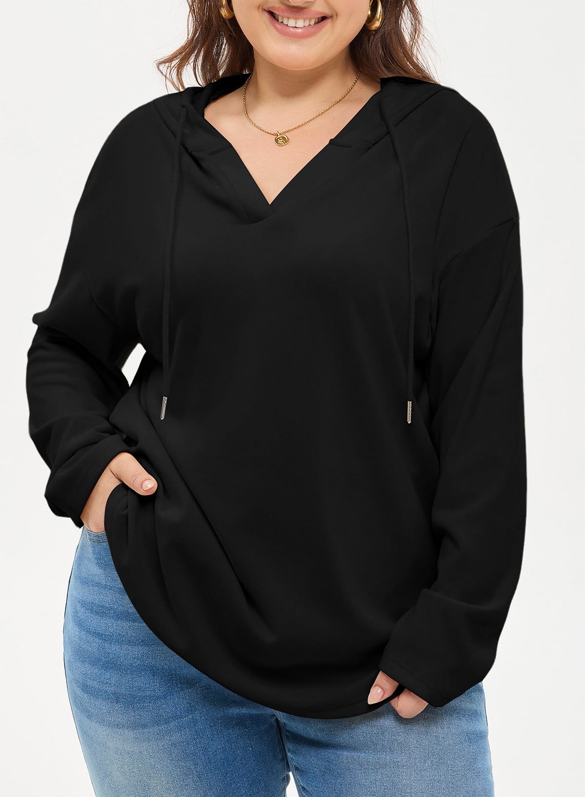 SHEWIN Sweatshirt for Women Plus Size Hooded Sweatshirts Fleece Sweatshirt V Neck Drawstring Long Sleeve Hoodie Pullover Tops for Fall 2025 Black 3X