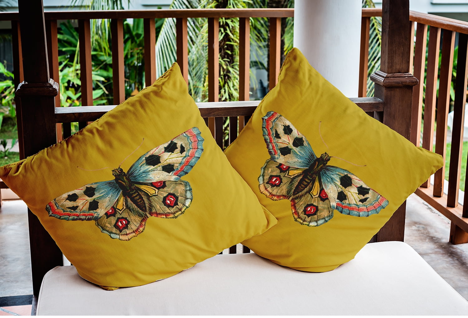 20" x 20" Simply Daisy Brush foot Butterfly Indoor/Outdoor Pillow, Mustard Yellow Qty 1
