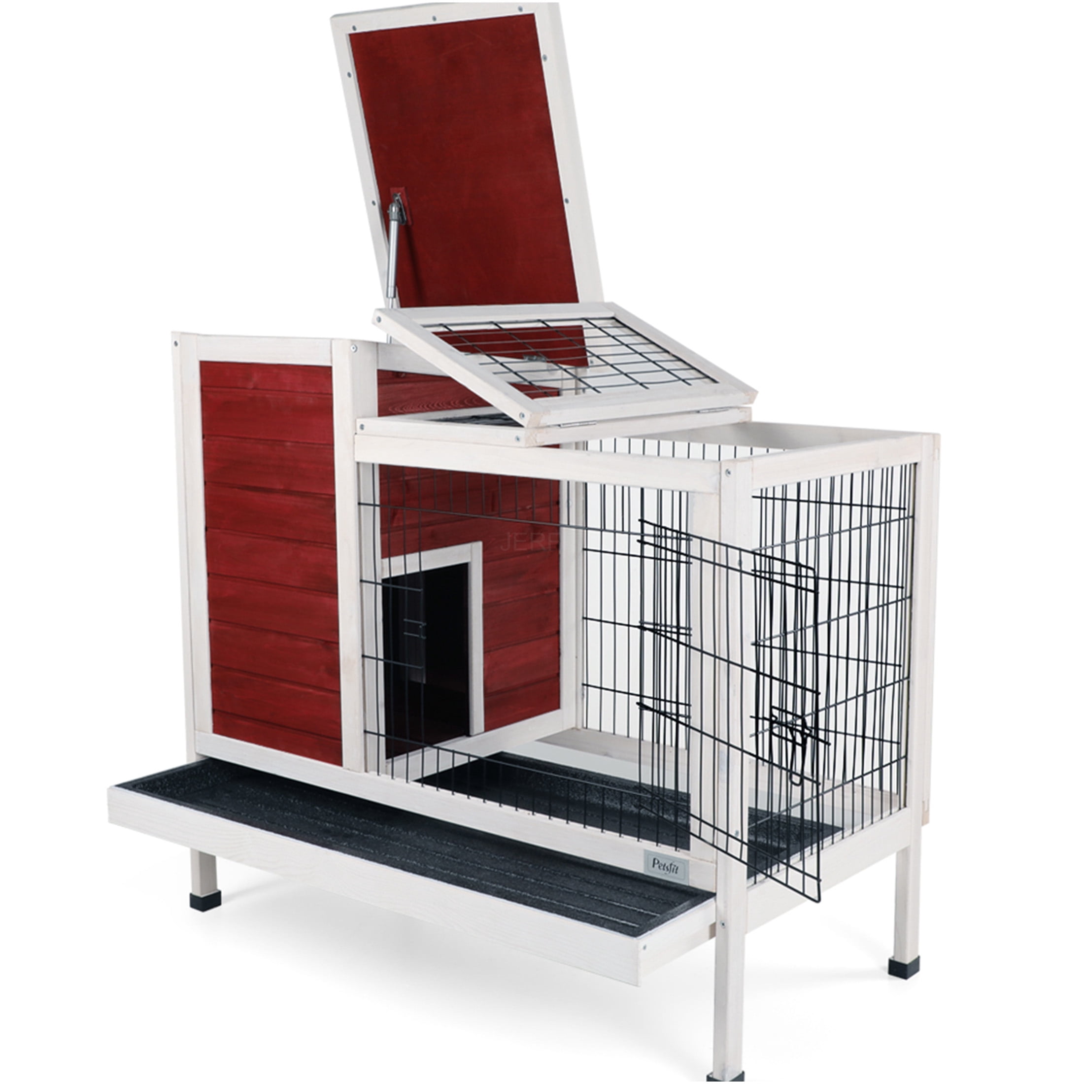 JERFIT 2-Story Rabbit Hutch with Outdoor Run, Leak-Proof Tray & Waterproof Roof - Solid Wood Cage for Rabbits, Guinea Pigs, Ferrets