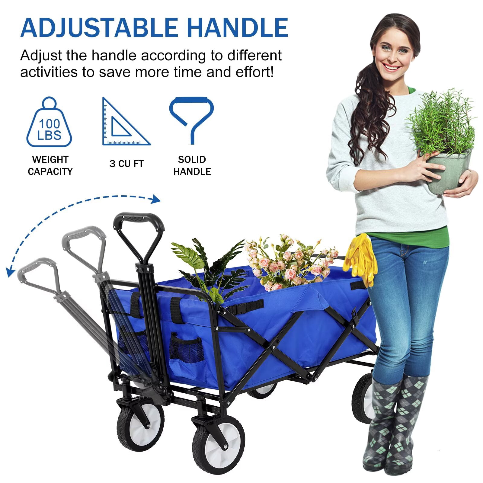 YRLLENSDAN,Beach Wagon with Big Wheels for Sand,Beach Carts for Sand,Grocery Cart on Wheels,Wagon Stroller,Foldable,Suitable for Outdoor Use,Blue