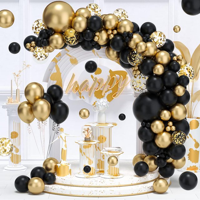 Kit de guirnalda de globos de oro negro, 122 piezas Kit de arco de globos de látex de confeti dorado metálico negro para bodas de cumpleaños de graduación con tira larga y bola