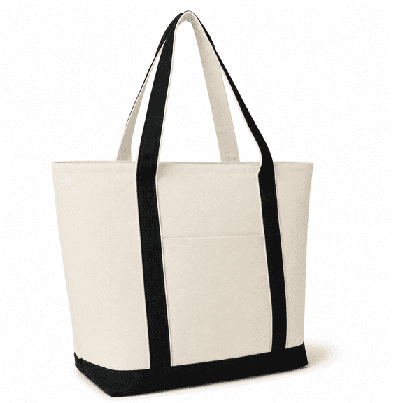 NOVASTILE 100% Cotton Natural Canvas Tote Bags 12oz Top Zipper with External Pocket, Reusable Shopping Bag for Grocery, DIY, Promotion & Events, 20"x15"x 6" Set of 1 NS5342-1