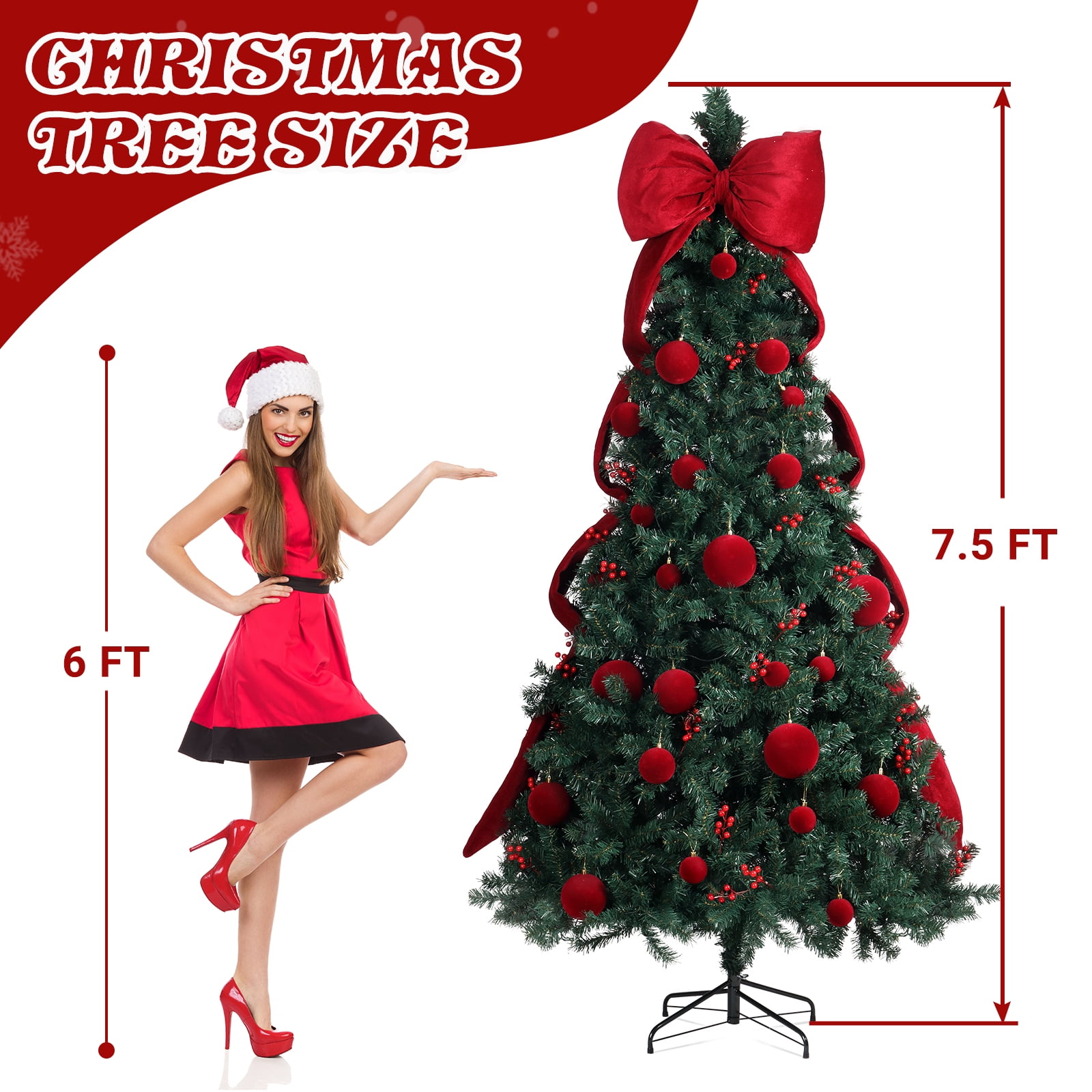 Astoutdoor 7.5 ft Artificial Christmas Tree with 300 Warm White LED Lights, Hinged Pine Tree with Bowknot and Red Ball Ornaments, Dark Green