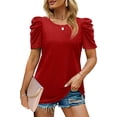 thumbnail image 1 of Blusa de manga abullonada Ticfox Cuello redondo Manga corta Color puro Rojo XXL, 1 of 6