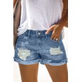 thumbnail image 4 of Women's Distressed Ripped Rolled Hem Sky Blue Denim Shorts, 4 of 15