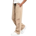 thumbnail image 2 of ZXLBBD Boy's Knit Wide Leg Jogger Sweatpants Gray Drawstring High Waist Solid Color Patch Pocket Loose Streetwear Bottoms Versatile Casual Daily Wear,Khaki,Size 11 Y-12 Y, 2 of 4