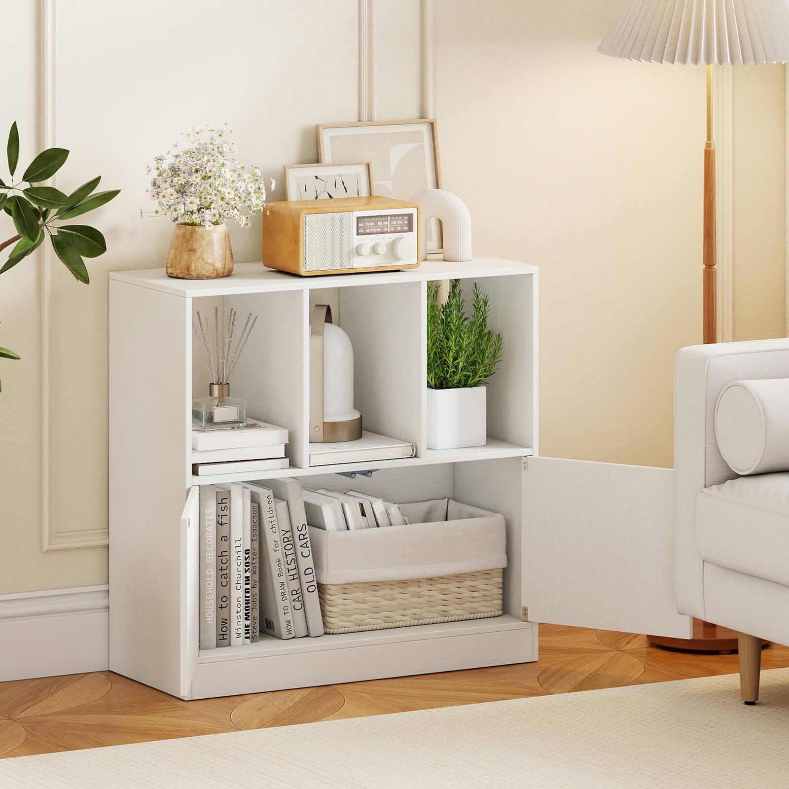 Costway 2 PCS Cube Bookcase with Doors, Open Compartments & Cabinet, Modern Display Shelf White