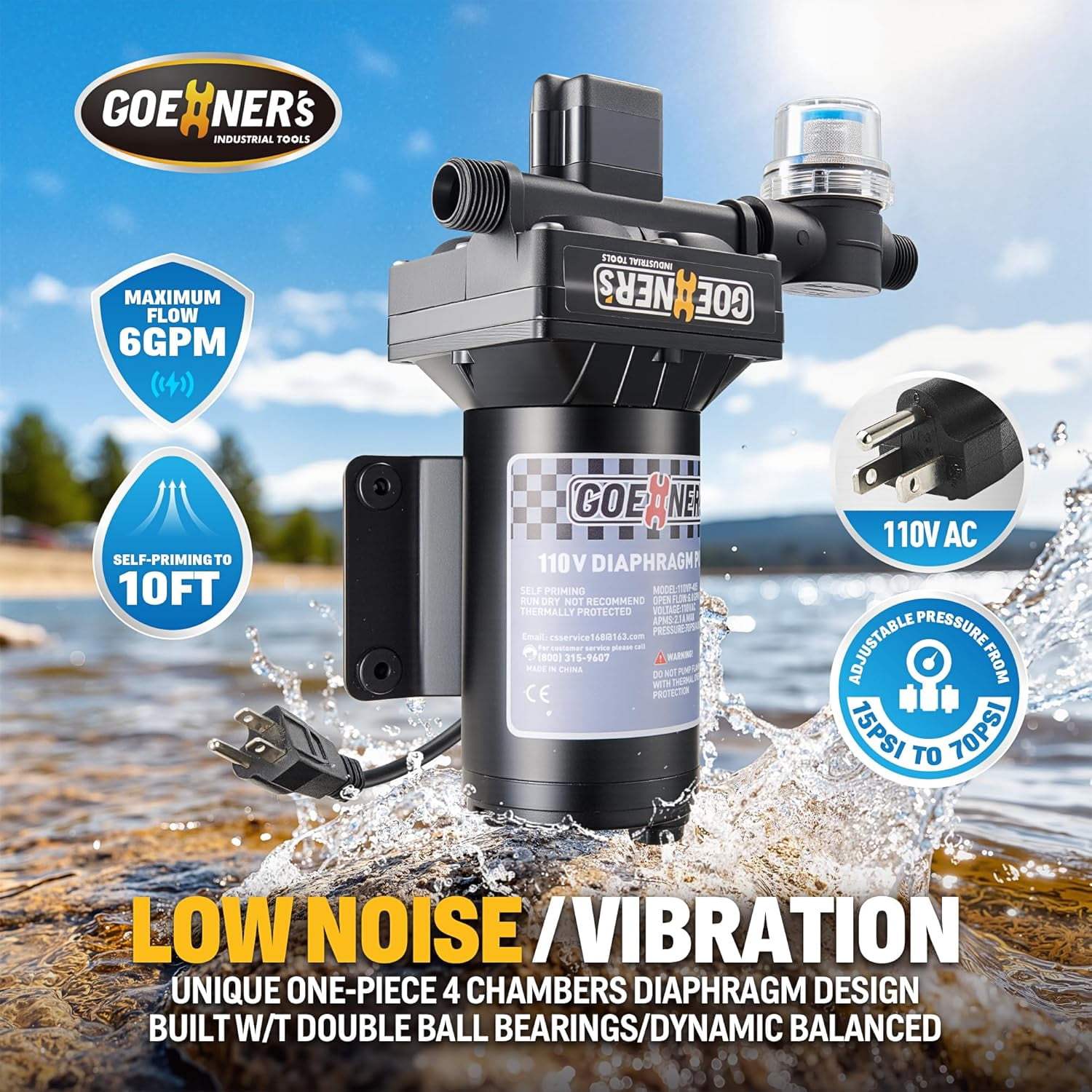 YIXUAN 110V AC Fresh Water Pump, 6GPM 70 PSI Self-Priming Diaphragm Water Pump with Power Plug, Pressure Switch, Brass Connector and Strainer, for Kitchen, Bathroom, Garden Hose