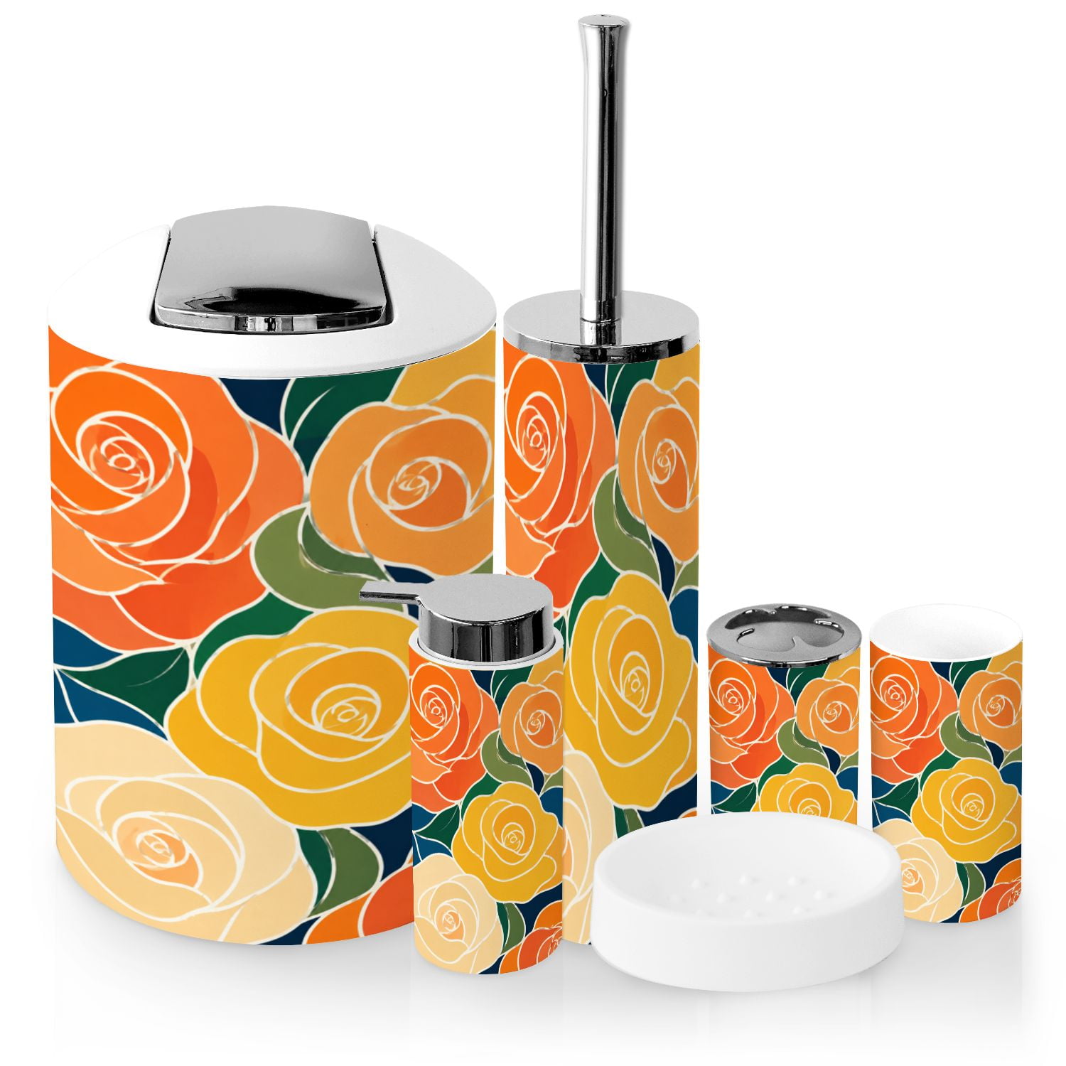 Bathroom Accessory Set 6 Piece with Seamless abstract flowers Creative collage tropical Toothbrush Holder Soap Dispenser Soap Dish Trash Can with Lid Toothbrush Cup Toilet Brush Holde