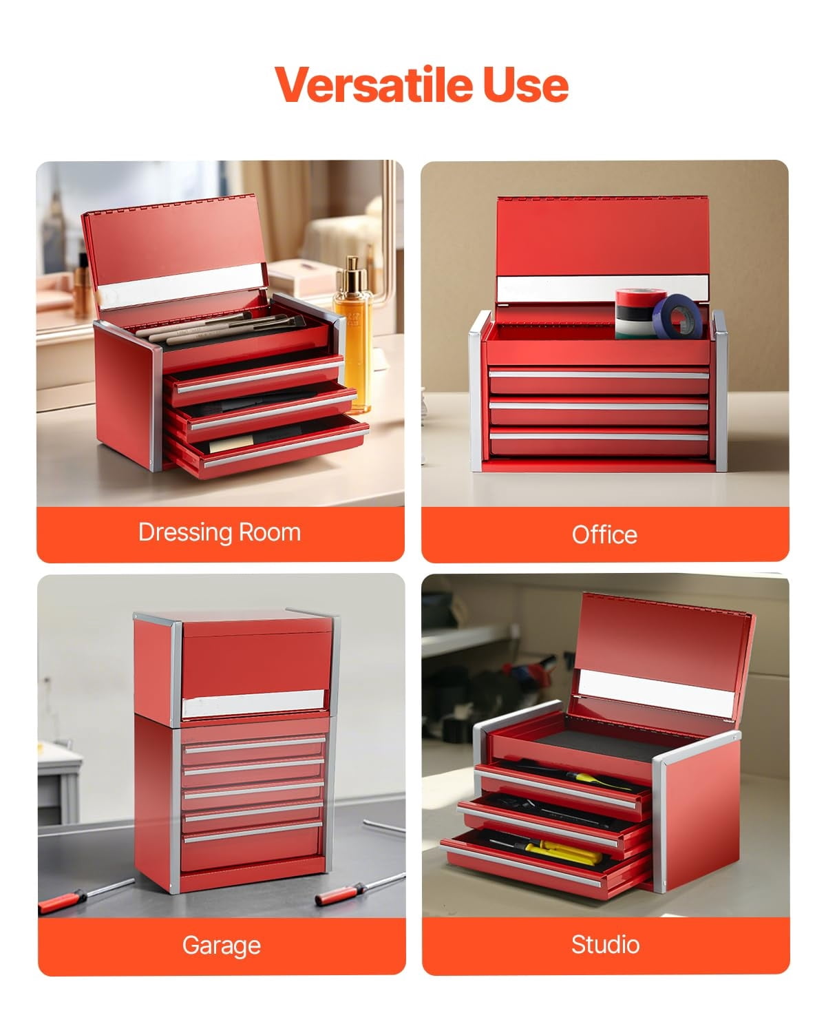 Metal Tool Box, 8.6-inch, Portable Metal Tool Box with 3 Drawers, Small Tool Chest with EVA Liners and PP Feet Pads, Heavy-Duty Steel With Ball Bearing Opening and Powder Coated Finish, Red