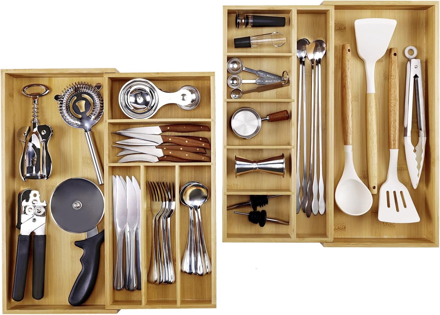 Large Bamboo Expandable Drawer Organizer, Silverware Organizer for Drawers, 16 to 30 Inches Wide, 7-13 Slots, Kitchen Drawer Organizers for Utensils, Bamboo Wood Cutlery Organizers