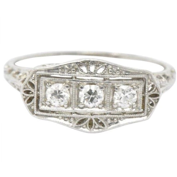 Antique Three Stone Diamond Engagement Ring, Openwork Filigree Ring, Art Deco Milgrain Ring, Minimalist Diamond Ring, 925 Sterling Silver, 1.5 Ct Simulated Diamond, Women's Dailywear Ring