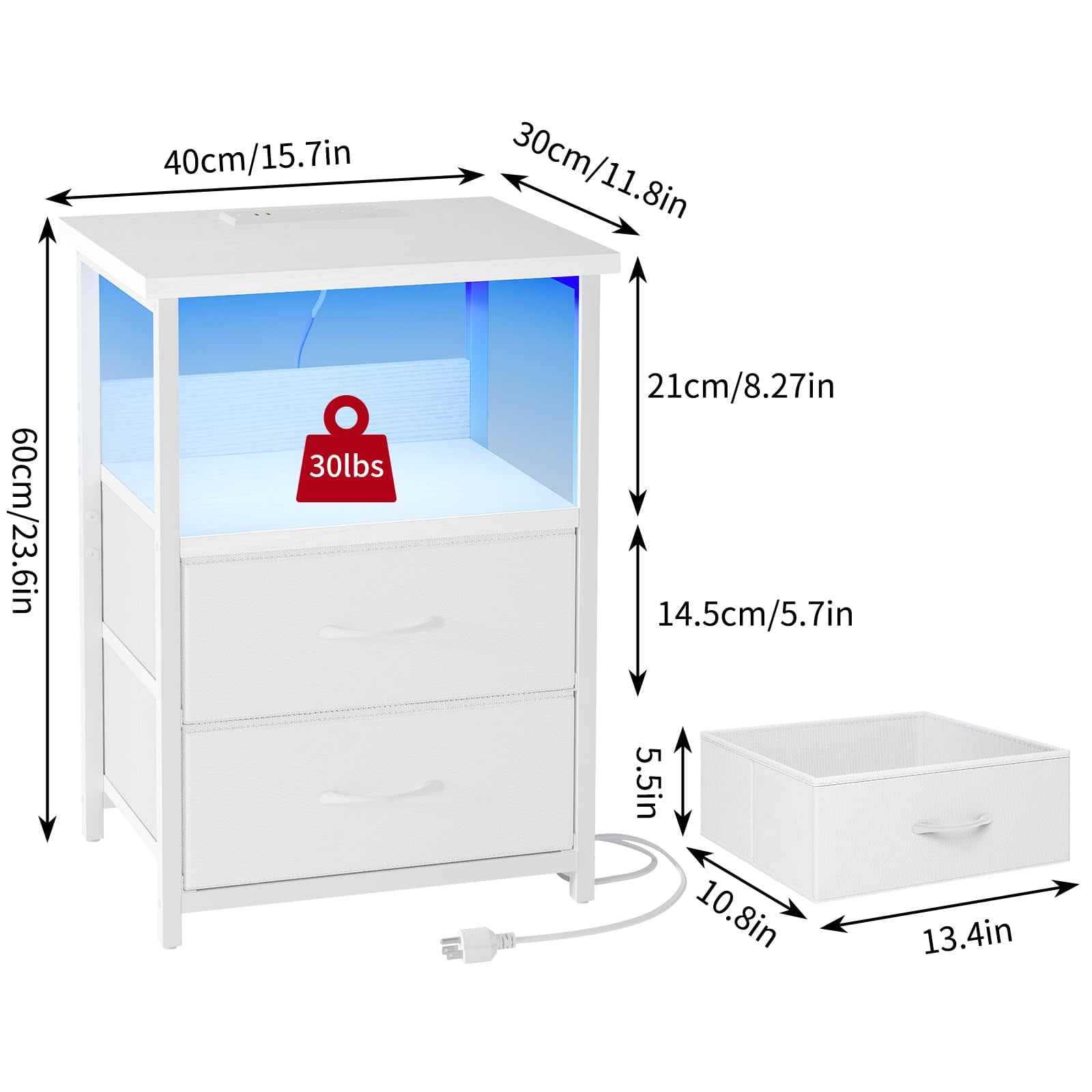 Tomnk Nightstands Set of 2, Bed Side Table with Charging Station, LED Night Stand with 2 Fabric Drawers, White
